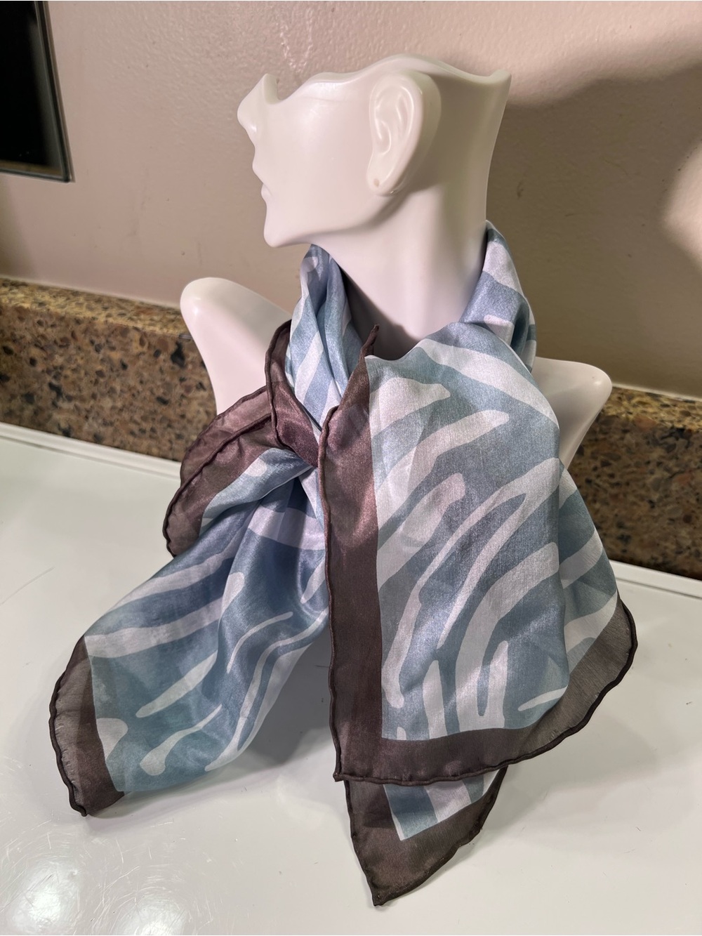 Helen Kaminski Light Blue and White Zebra Print Silk Scarf with Brown Trim